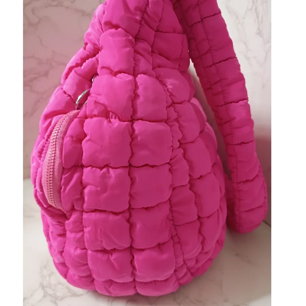 Hot Pink Quilted Puffer Hobo Bag & Clinque Striped Cosmetic Bag